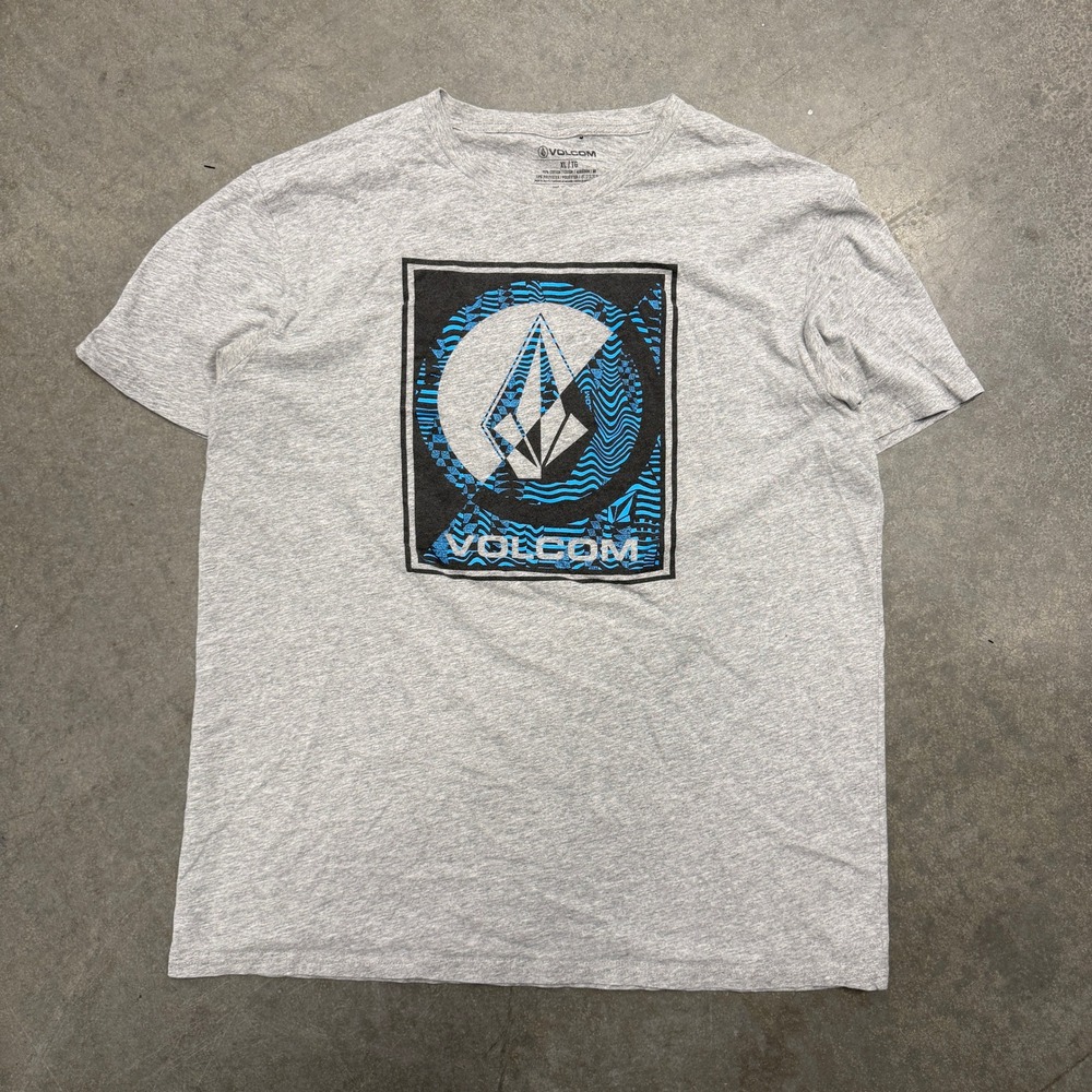 Volcom Mens Graphic T-Shirt XL Heather Gray Blue Boxed Stone Logo Short Sleeve - Picture 1 of 5